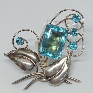 * vintage 1930s Harry Iskin 925 Sterling Silver blue glass flower brooch pin